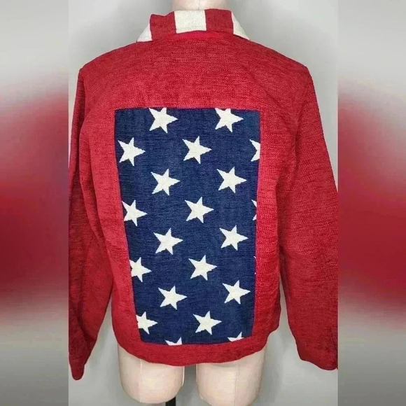 Coldwater Creek SizeMedium American Flag Jacket Chenille Red Blue Stars Stripes - Picture 6 of 7